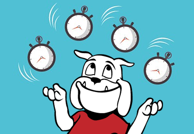 cartoon of Healthy Dawg juggling clocks set at various times